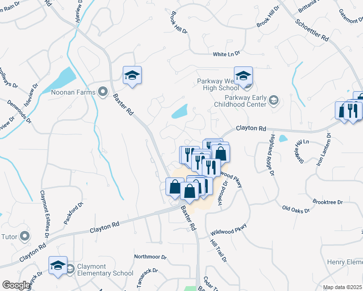 map of restaurants, bars, coffee shops, grocery stores, and more near 15021 Claymoor Court in Chesterfield