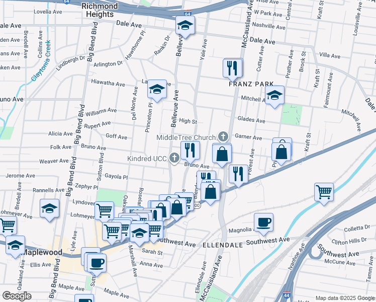map of restaurants, bars, coffee shops, grocery stores, and more near 2131 Yale Avenue in St. Louis