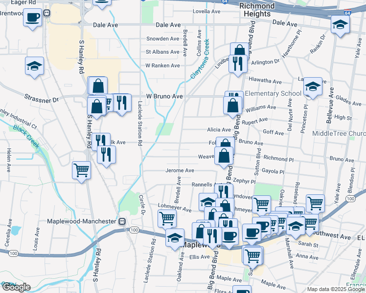 map of restaurants, bars, coffee shops, grocery stores, and more near 2200 Bredell Avenue in Maplewood