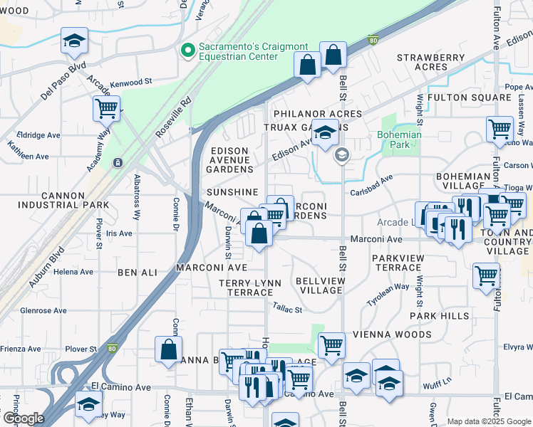 map of restaurants, bars, coffee shops, grocery stores, and more near 2133 Marconi Avenue in Sacramento