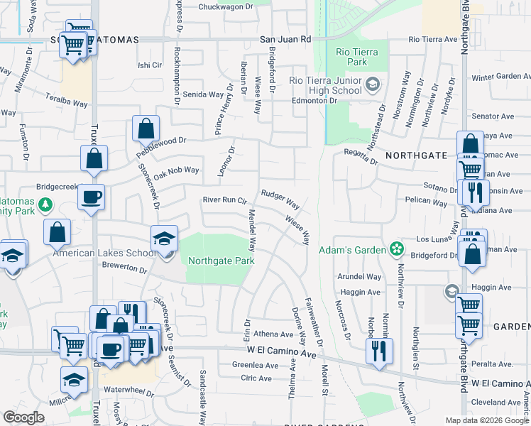map of restaurants, bars, coffee shops, grocery stores, and more near 2928 Mendel Way in Sacramento