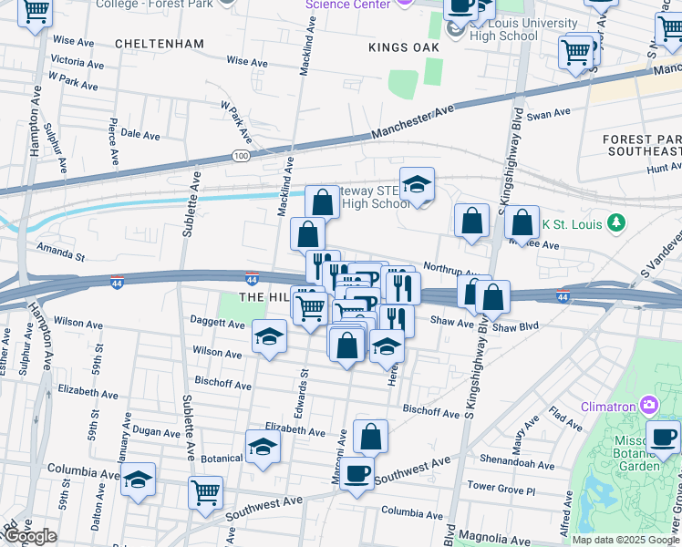 map of restaurants, bars, coffee shops, grocery stores, and more near 5217 Pattison Avenue in St. Louis