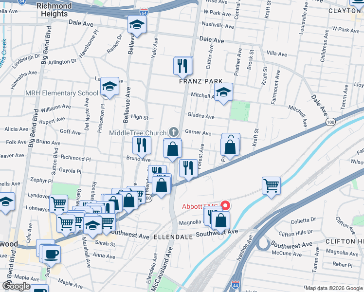 map of restaurants, bars, coffee shops, grocery stores, and more near 2129 McCausland Avenue in St. Louis