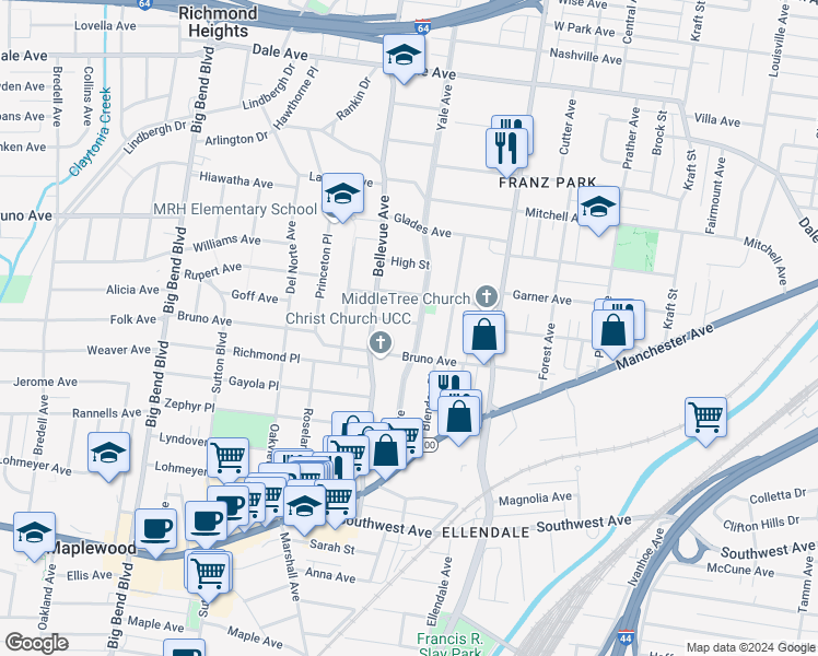 map of restaurants, bars, coffee shops, grocery stores, and more near 7125 South Street in Maplewood