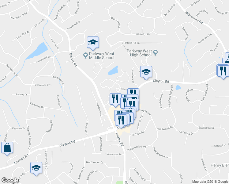 map of restaurants, bars, coffee shops, grocery stores, and more near 15021 Claymoor Court in Chesterfield