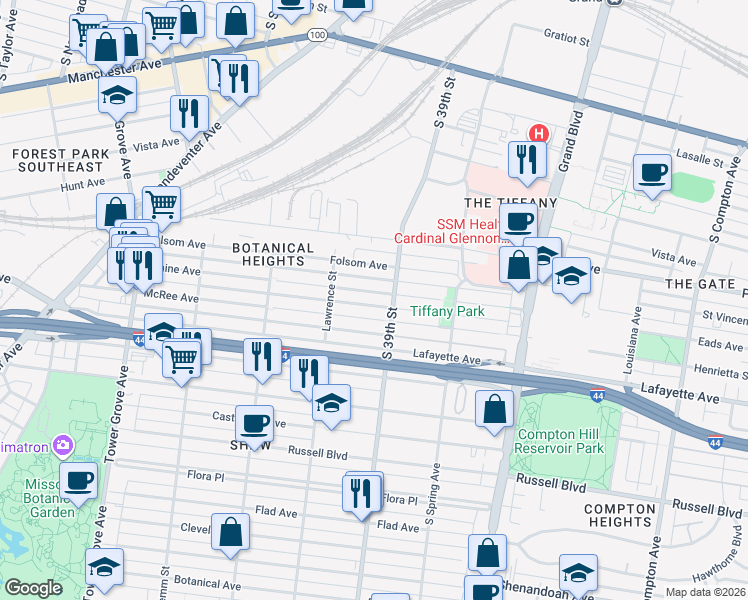 map of restaurants, bars, coffee shops, grocery stores, and more near 3931 McRee Avenue in St. Louis