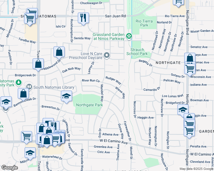 map of restaurants, bars, coffee shops, grocery stores, and more near 2928 Mendel Way in Sacramento