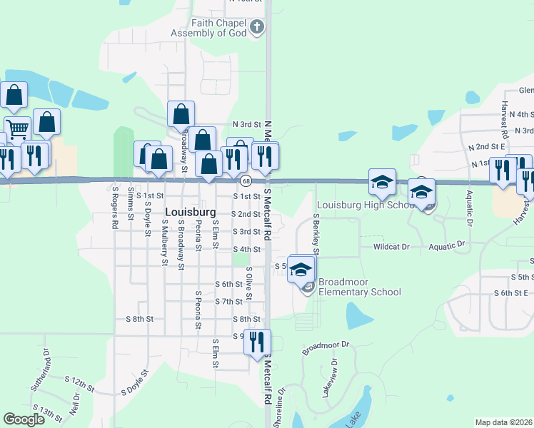 map of restaurants, bars, coffee shops, grocery stores, and more near 7 South 2nd Street in Louisburg