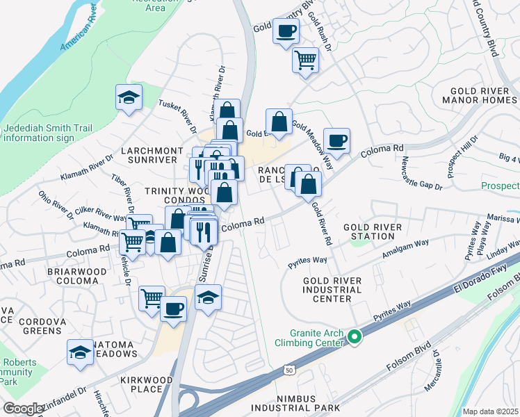 map of restaurants, bars, coffee shops, grocery stores, and more near 11235 Coloma Road in Gold River