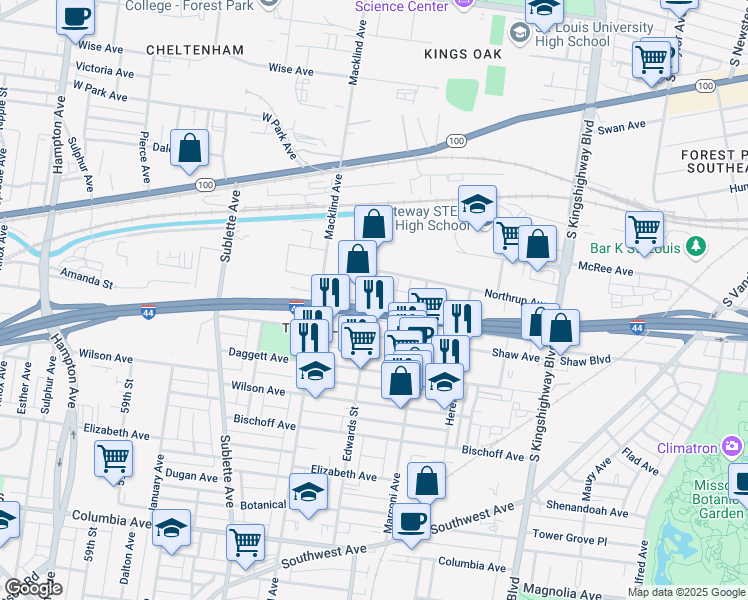map of restaurants, bars, coffee shops, grocery stores, and more near 5257 Pattison Avenue in St. Louis