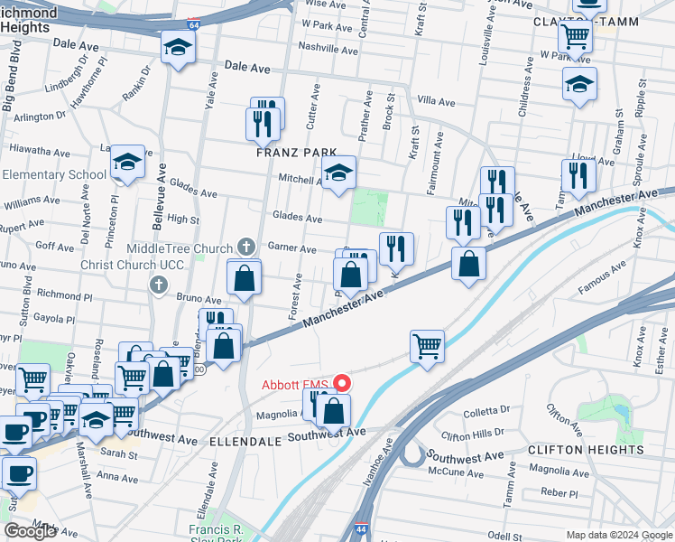map of restaurants, bars, coffee shops, grocery stores, and more near 2121 Prather Avenue in St. Louis