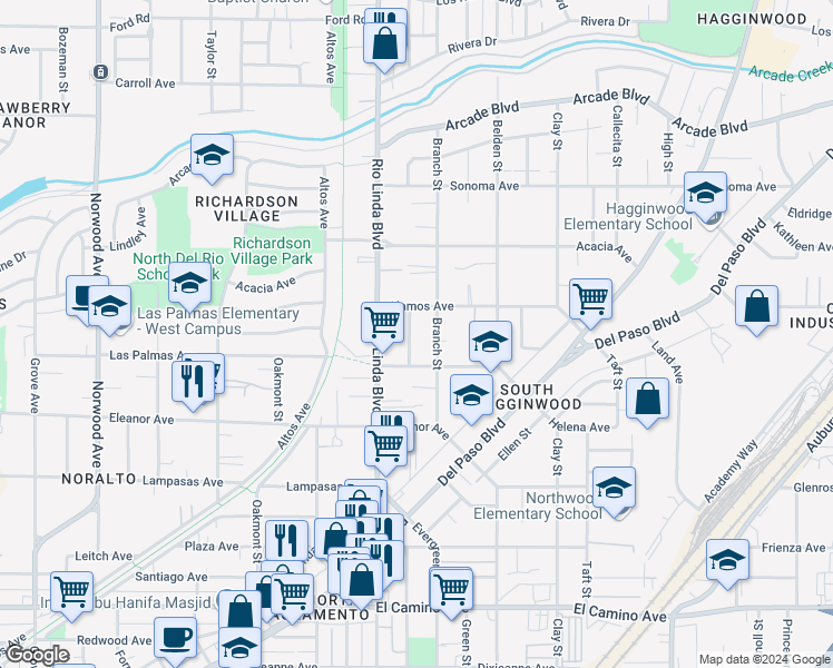 map of restaurants, bars, coffee shops, grocery stores, and more near 2856 Poquita Street in Sacramento