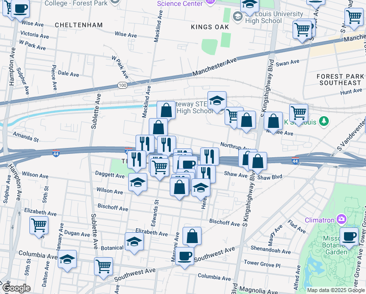 map of restaurants, bars, coffee shops, grocery stores, and more near 5217 Pattison Avenue in St. Louis