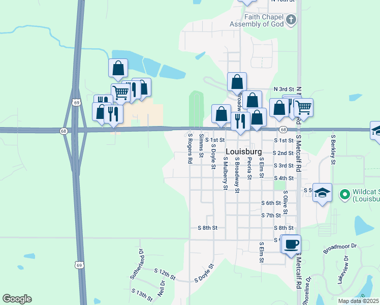 map of restaurants, bars, coffee shops, grocery stores, and more near 202 South Rogers Road in Louisburg