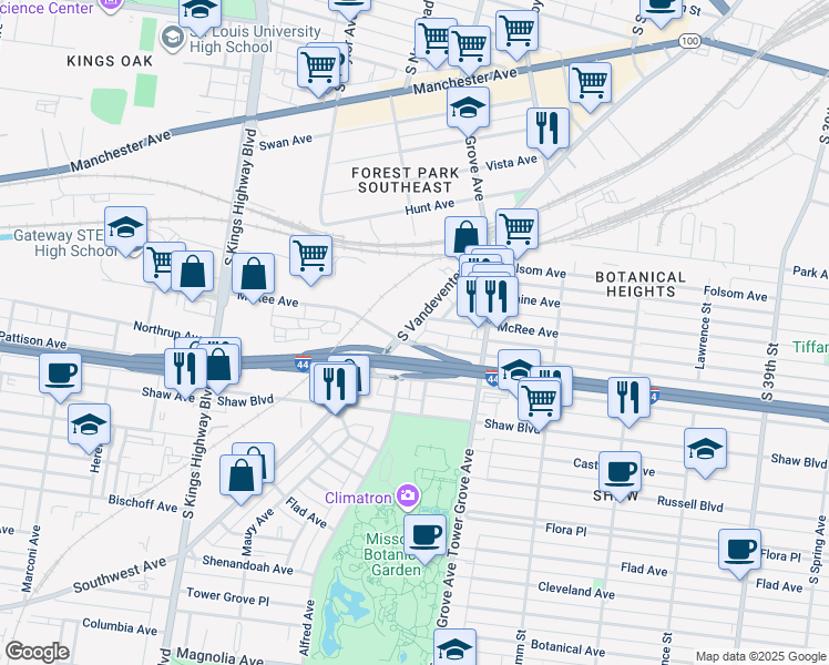 map of restaurants, bars, coffee shops, grocery stores, and more near 4401 Lafayette Avenue in St. Louis