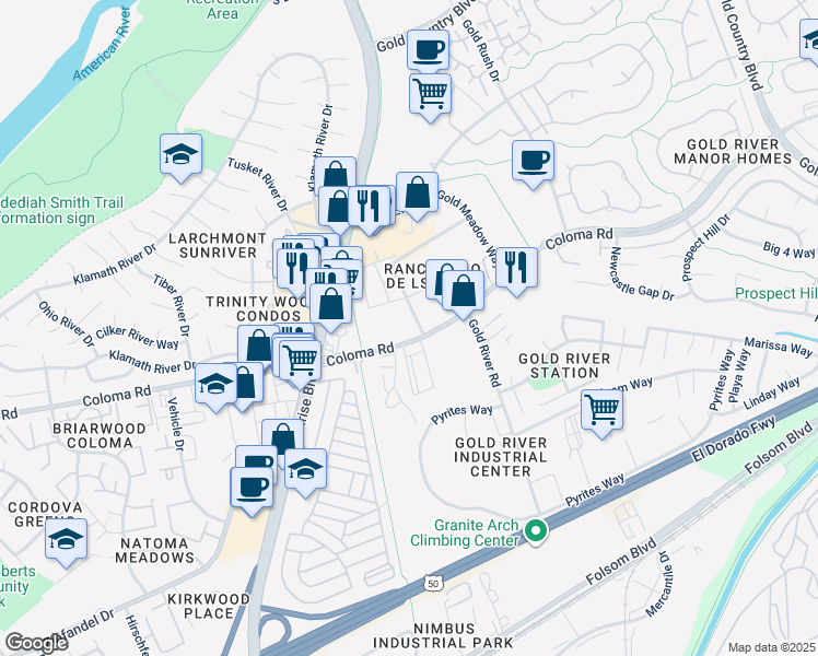 map of restaurants, bars, coffee shops, grocery stores, and more near 11235-11241 Coloma Rd in Gold River