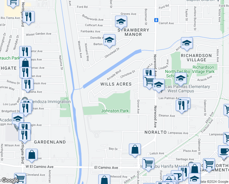map of restaurants, bars, coffee shops, grocery stores, and more near 198 Lindley Drive in Sacramento