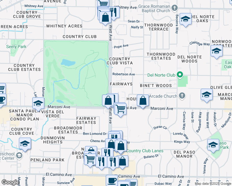 map of restaurants, bars, coffee shops, grocery stores, and more near 3535 Marconi Avenue in Sacramento