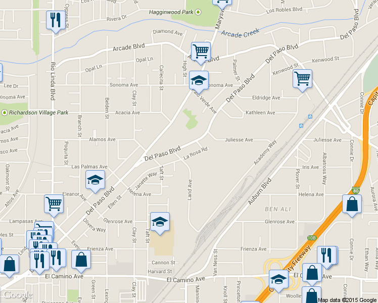 map of restaurants, bars, coffee shops, grocery stores, and more near 2958 Del Paso Boulevard in Sacramento