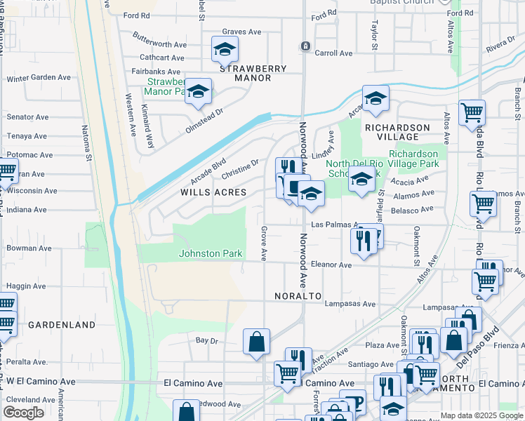 map of restaurants, bars, coffee shops, grocery stores, and more near 2813 Grove Avenue in Sacramento