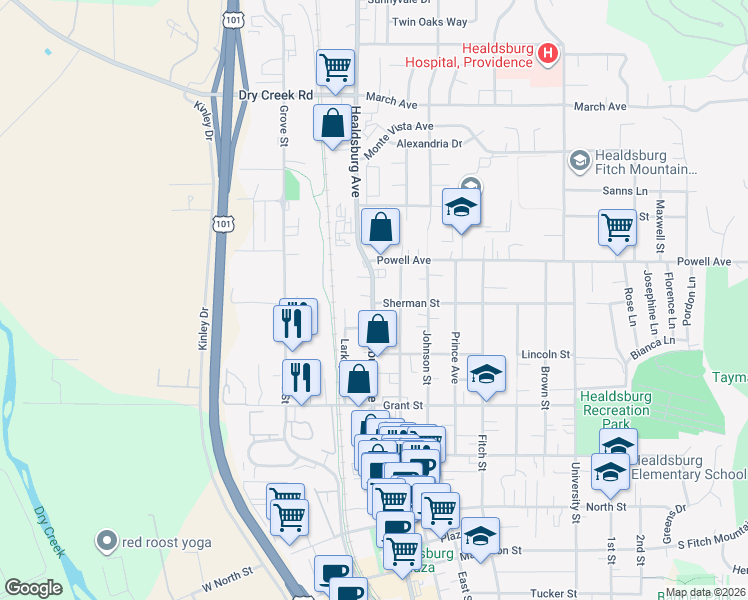 map of restaurants, bars, coffee shops, grocery stores, and more near 737 Healdsburg Avenue in Healdsburg