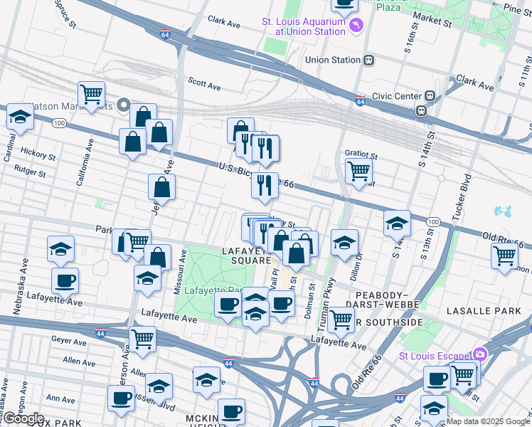 map of restaurants, bars, coffee shops, grocery stores, and more near 1205 Mississippi Avenue in St. Louis