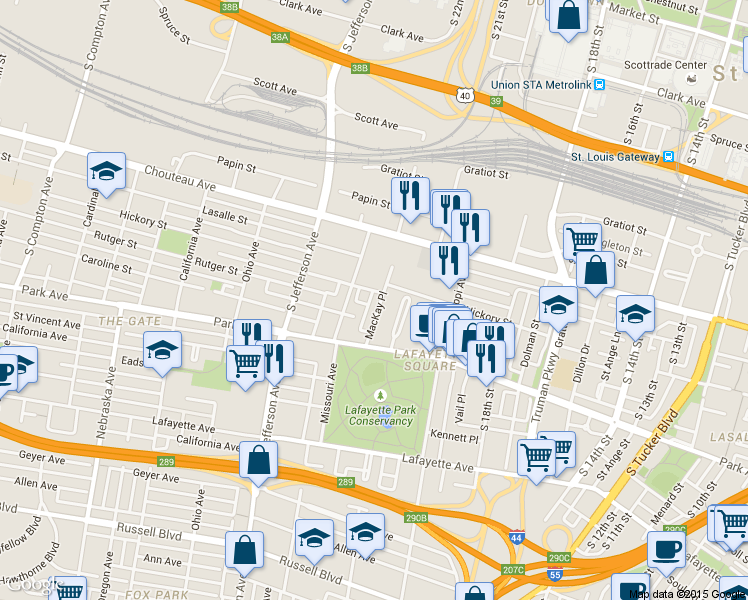 map of restaurants, bars, coffee shops, grocery stores, and more near 1230 Mackay Place in St. Louis