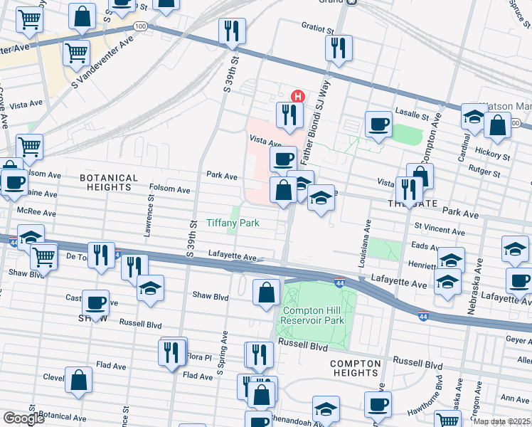 map of restaurants, bars, coffee shops, grocery stores, and more near 3624 Blaine Avenue in St. Louis
