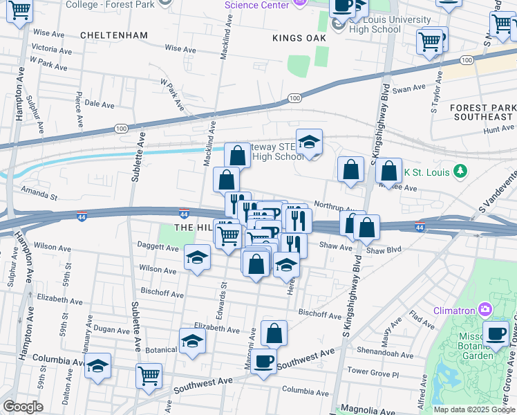 map of restaurants, bars, coffee shops, grocery stores, and more near 5217 Pattison Avenue in St. Louis