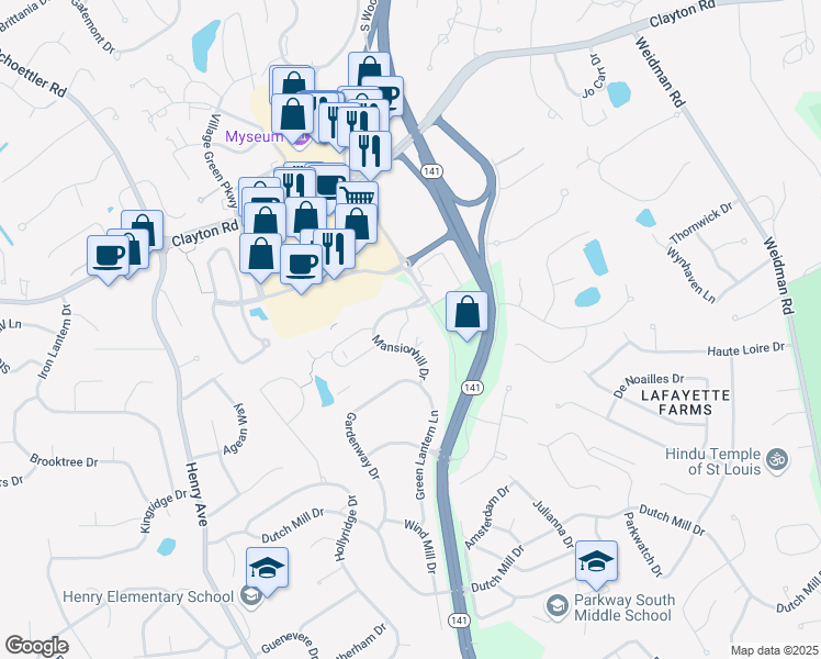 map of restaurants, bars, coffee shops, grocery stores, and more near 952 Irongate Walk in Ballwin