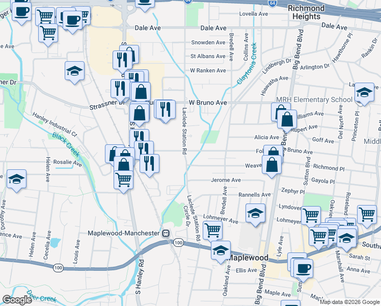 map of restaurants, bars, coffee shops, grocery stores, and more near 7798 Folk Avenue in Maplewood