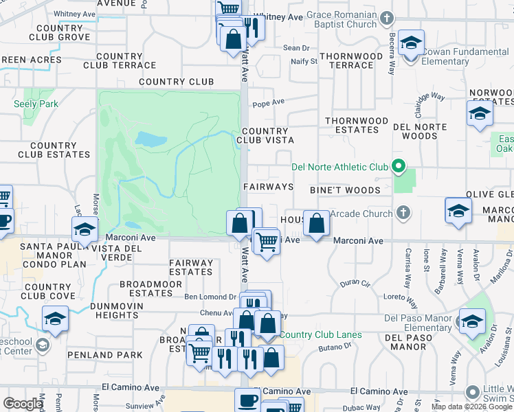 map of restaurants, bars, coffee shops, grocery stores, and more near 3535 Marconi Avenue in Sacramento