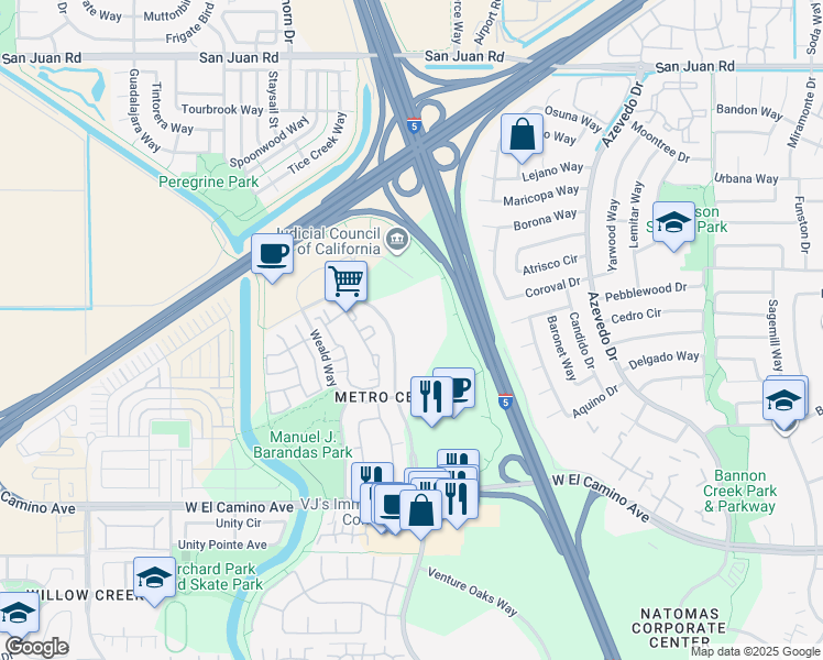 map of restaurants, bars, coffee shops, grocery stores, and more near 2804 Gateway Oaks Drive in Sacramento