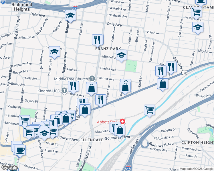 map of restaurants, bars, coffee shops, grocery stores, and more near 2127 Forest Avenue in St. Louis