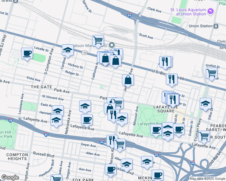 map of restaurants, bars, coffee shops, grocery stores, and more near 2645 Caroline Street in St. Louis