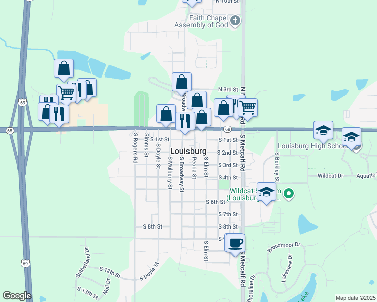 map of restaurants, bars, coffee shops, grocery stores, and more near in Louisburg