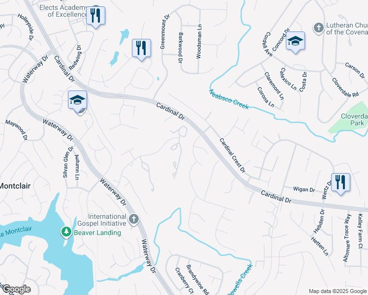 map of restaurants, bars, coffee shops, grocery stores, and more near 15403 Windsong Lane in Montclair
