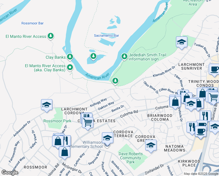 map of restaurants, bars, coffee shops, grocery stores, and more near 10844 Ambassador Drive in Rancho Cordova