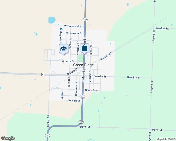 map of restaurants, bars, coffee shops, grocery stores, and more near 305 South Illinois Street in Green Ridge