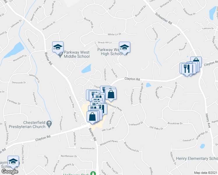 map of restaurants, bars, coffee shops, grocery stores, and more near Clayton Road in Chesterfield