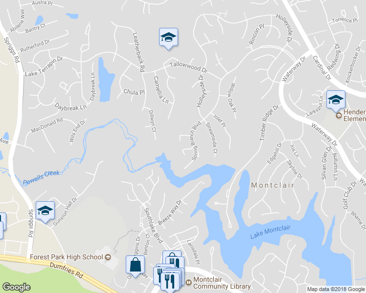 map of restaurants, bars, coffee shops, grocery stores, and more near 15415 Beachwater Court in Dumfries