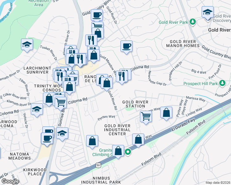 map of restaurants, bars, coffee shops, grocery stores, and more near 2335 Gold River Road in Gold River