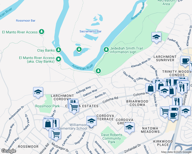 map of restaurants, bars, coffee shops, grocery stores, and more near 10844 Ambassador Drive in Rancho Cordova