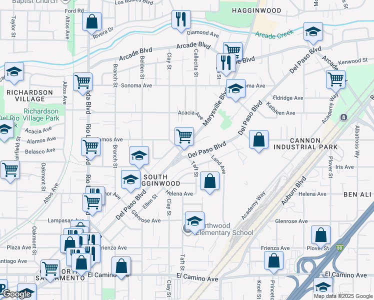 map of restaurants, bars, coffee shops, grocery stores, and more near 2912 Del Paso Boulevard in Sacramento