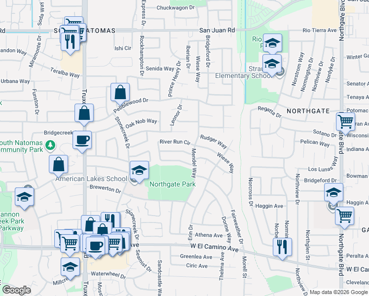 map of restaurants, bars, coffee shops, grocery stores, and more near 1230 Fall Creek Way in Sacramento