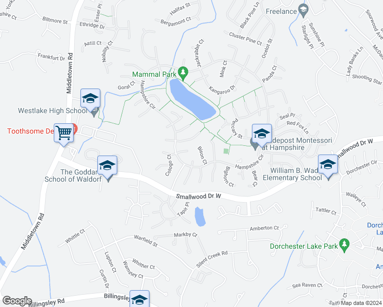 map of restaurants, bars, coffee shops, grocery stores, and more near 6309 Cheetah Court in Waldorf