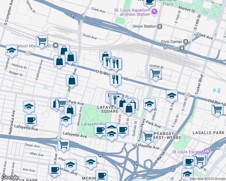 map of restaurants, bars, coffee shops, grocery stores, and more near 1205 Mississippi Avenue in St. Louis