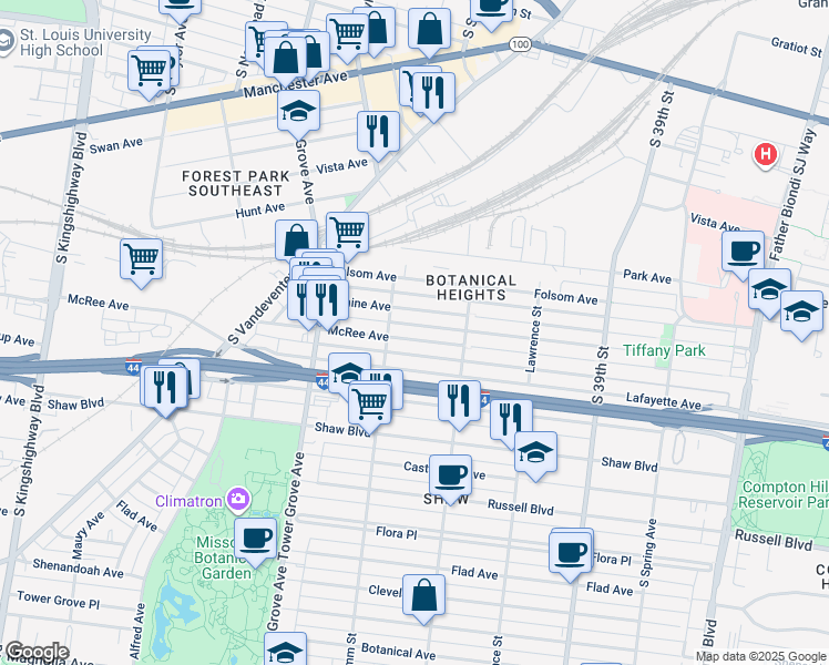 map of restaurants, bars, coffee shops, grocery stores, and more near 4148 McRee Avenue in St. Louis