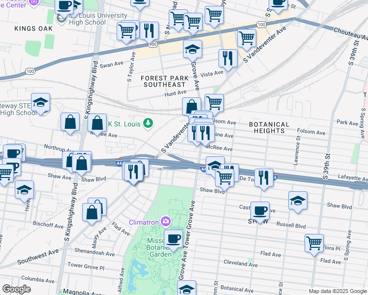 map of restaurants, bars, coffee shops, grocery stores, and more near 4401 Lafayette Avenue in St. Louis