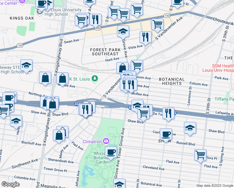 map of restaurants, bars, coffee shops, grocery stores, and more near 4401 Lafayette Avenue in St. Louis